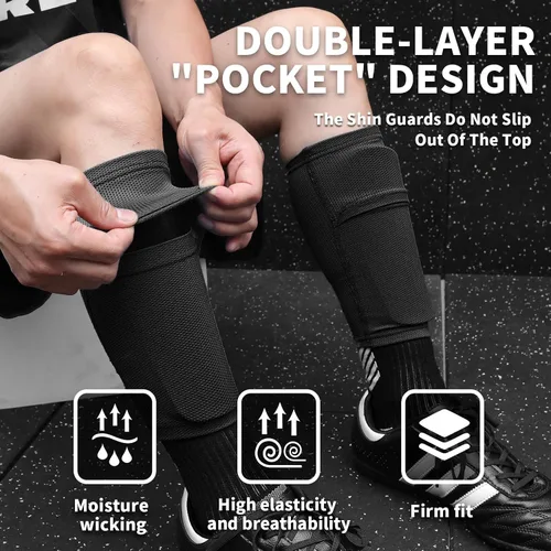Vista 2 de LPONJAR - Espinilleras de fútbol para niños, jóvenes y adultos - Almohadillas y mangas con bolsillo insertado optimizado para niños, niñas, hombres