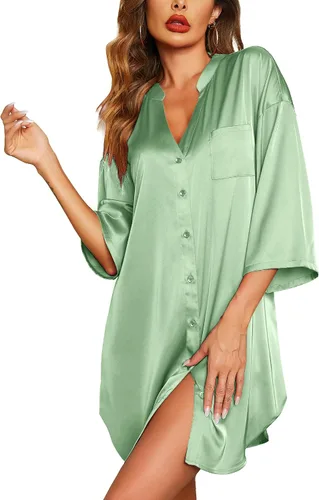 Vista 21 de Ekouaer Camisones de satén para mujer, ropa de dormir de seda con botones, manga 3/4, cuello en V, con bolsillos 01 Negro