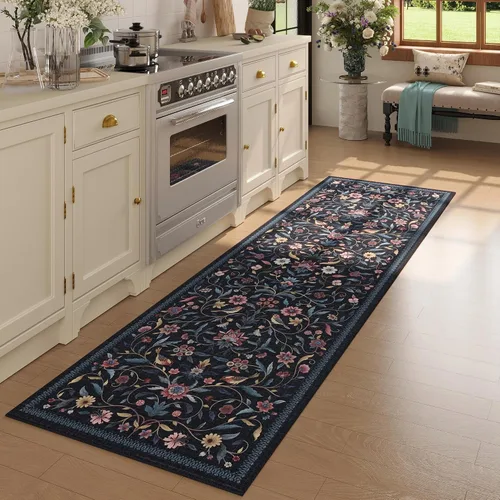Vista 17 de Alfombra de entrada vintage con medallón floral de 2 x 3 pulgadas, lavable a máquina, alfombra de entrada de pelo bajo, suave, pequeña, alfombra