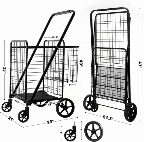 Vista 3 de BIEAMA Carrito de compras plegable, carrito de comestibles de capacidad de Carrito + Cesta