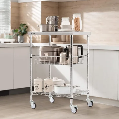 Vista 8 de VEVOR Carrito Utilitario de Cocina, 36.6"x20"x24" Carrito Rodante de Alambre de 3 Niveles, Carrito de Servicio de Acero con Capacidad de 470LBS