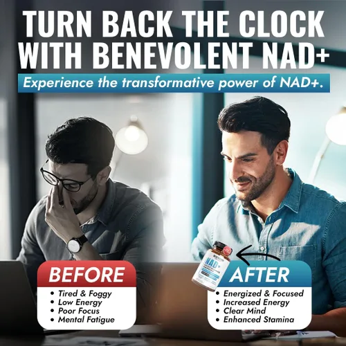 Vista 5 de Benevolent NAD+ Suplemento de 1050 mg, absorción máxima 3 en 1 NAD suplementos para mujeres y hombres con ribósido de nicotinamida