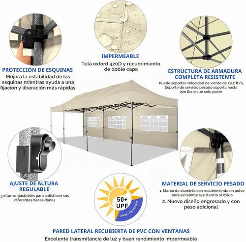 Vista 4 de COBIZI Tienda de campaña desplegable resistente de 10 x 30 con paredes Crema