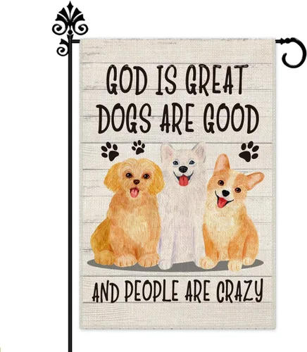 Vista 8 de Hafhue Bandera de jardín con la frase "Hope You Like Dogs", de doble cara, de 12 x 18 pulgadas, para decoración de patio o jardín, decoración