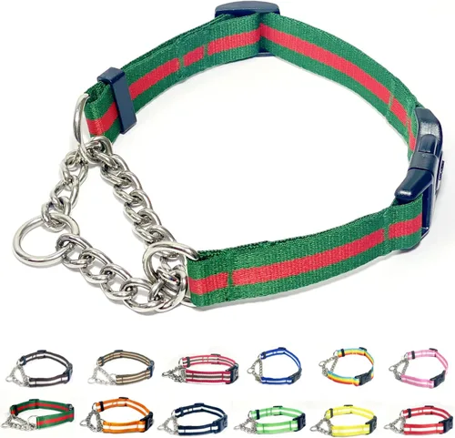 Vista 12 de Collar Martingale para perros, collares de nailon ajustables con hebilla de liberación rápida, rayas multicolores, cadena de acero inoxidable
