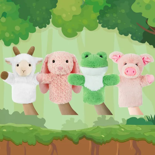 Vista 6 de Juego de marionetas de mano de animales de granja de 11 pulgadas, suaves y realistas, juguetes de cabra, cerdo, conejo, marioneta de rana para niños