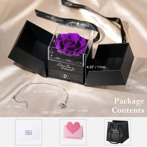 Vista 8 de Emibele Rosa púrpura real preservada con collar de plata de ley S925 y pulsera con dije de corazón
