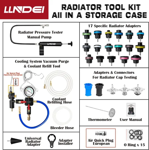 Vista 7 de LLNDEI - Kit de probador de presión del radiador de refrigerante 28 piezas, probador de presión del radiador, sistema de purga al vacío neumático
