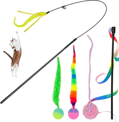 Vista 14 de SHENGSEN Juguete de varita de plumas para gatos, pelota inflable con cola para gatos, gusano mágico con juguete de bola grande y colorida
