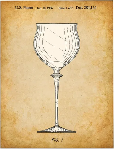 Vista 5 de Vintage Wine Glass Patent Drawing 1986 Stemware Illustration Antique Parchment Artwork Oak Frame Ready Hang for Home Bar Kitchen Dining Room Wine