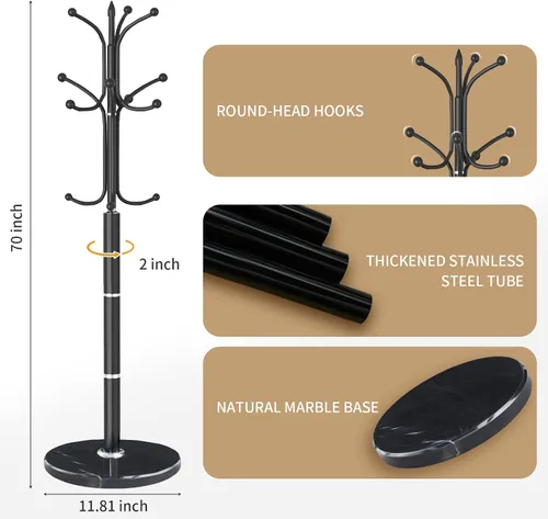 Vista 2 de Perchero de Metal con Soporte, Perchero Moderno Independiente con Base de Mármol Natural, Perchero y Árbol de Pasillo para Colgar en Entrada