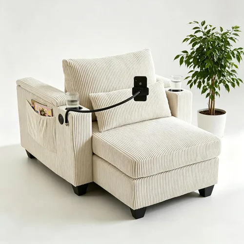 Vista 3 de ERYE Tumbona versátil de 37.4 pulgadas, sofá convertible flexible con brazos de almacenamiento, puertos USB y portavasos, tumbona reclinable