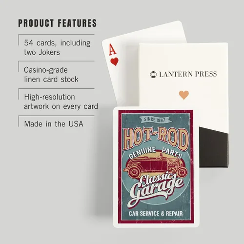 Vista 3 de Lantern Press Hot Rod Garage, coches clásicos, letrero vintage (52 cartas de juego, baraja de cartas de tamaño póquer con comodines)