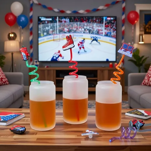 Vista 5 de Roshtia Paquete de 24 popotes de hockey, popotes rizados reutilizables con decoraciones de hockey sobre hielo, popotes de bebida diaria