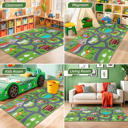 Vista 8 de BEQHAUSE Alfombra de juego para niños, alfombra de tráfico de ciudad verde, ideal para jugar con autos, alfombra de área de juegos de 32 x 60