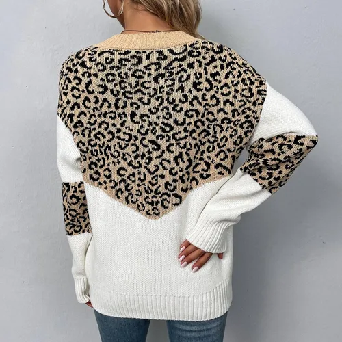 Vista 4 de Suéteres largos para mujer, suéter de punto con estampado de leopardo y manga larga para otoño