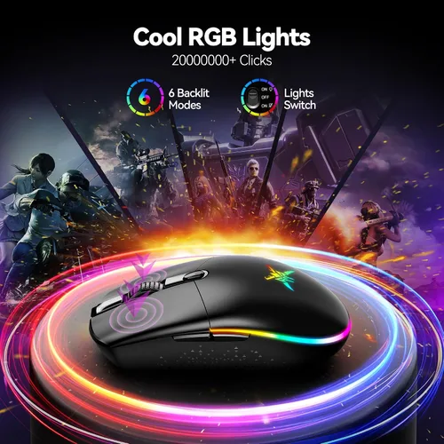 Vista 5 de TECKNET Mouse inalámbrico para juegos recargable, 8000 DPI, batería de 100 horas de larga duración, retroiluminación RGB, 6 botones programables