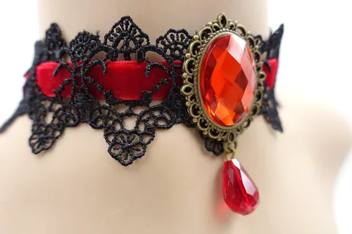 Vista 4 de ETERNITY J. - Gargantilla gótica retro hecha a mano de encaje, pulsera y colgante de cadena negro