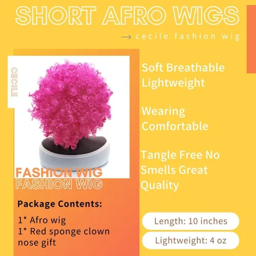 Vista 3 de Everfun Fluffy Afro Short Curly Wig for Women Men Cosplay Anime Party Christmas Halloween Fancy Funny Clown Wigs Synthetic Hair (Rose)