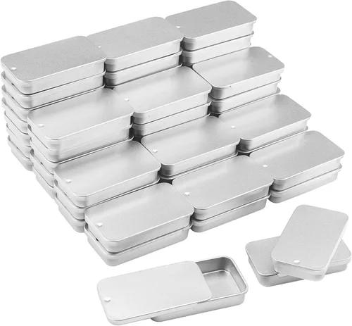 Vista 10 de GENHAKON 50 recipientes de lata de 2.36 x 1.3 x 0.43 pulgadas, caja de lata rectangular de metal con tapa deslizante para artículos pequeños, como