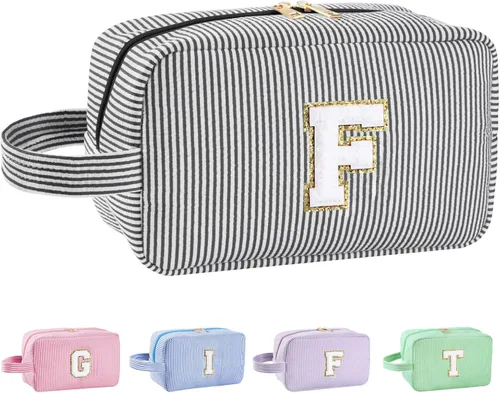 Vista 43 de Bolsa de maquillaje personalizada con inicial A-Z para mujeres, niñas y niños, bolsa de aseo de viaje, bolsa de maquillaje preparada, bolsa