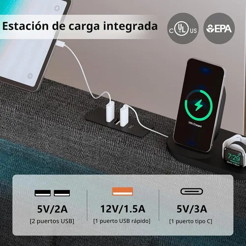 Vista 4 de Marco de cama Queen con cabecero, marco de cama LED tapizado, sin somier Base de cama tapizada tamaño queen con estación de carga tipo C y USB