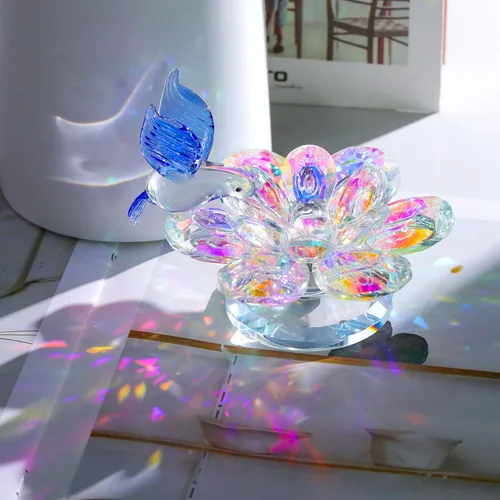 Vista 4 de Movdyka Figura de cristal, decoración de flor de loto, regalo de colibrí azul, para mujer, adornos de vidrio cristal brillante, reflejo de flor