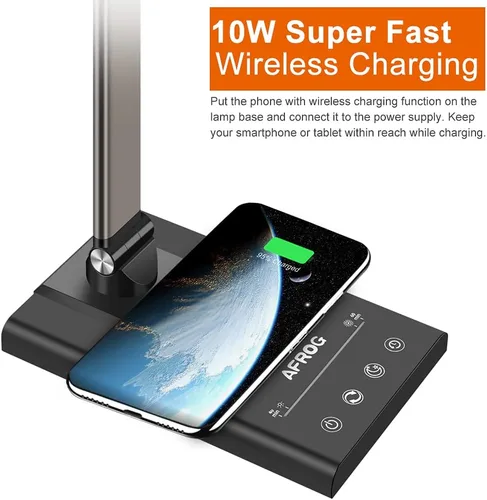 Vista 4 de AFROG - Lámpara de escritorio LED multifuncional de 5ª generación con cargador inalámbrico de carga rápida de 10 W, puerto de carga USB, 1800 lux