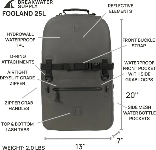 Vista 5 de Breakwater Supply™ Mochila impermeable IP68 sumergible con cierres herméticos Para portátil, viajes al aire libre Fogland 25L 20L 15L, 25 L