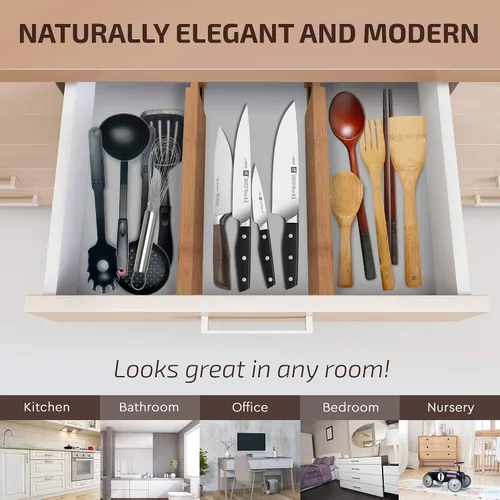 Vista 2 de Bambüsi divisores ajustables para cajones de cocina. Artesanal, 100% bambú natural.