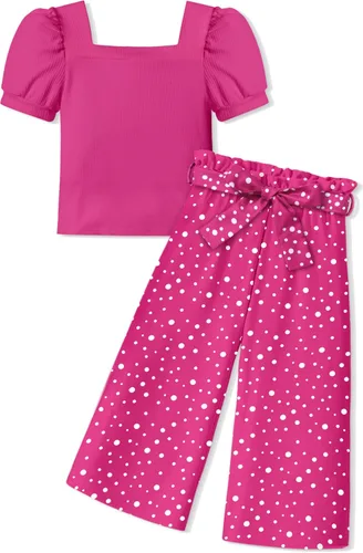 Vista 23 de DONWEN Conjunto de 3 piezas de ropa para niñas pequeñas y niñas con cuello cuadrado + pantalones elegantes + diadema para primavera y verano