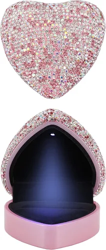 Vista 6 de Monanoat Caja de joyería de lujo con forma de corazón de diamantes de imitación Bling Almacenamiento de joyería de luz LED para boda