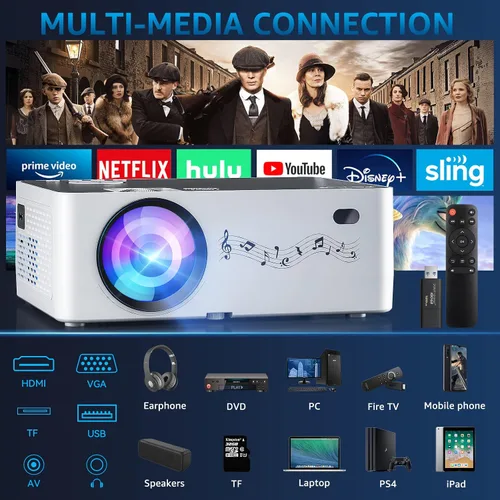 Vista 3 de Proyector Native 1080P con WIFI y Bluetooth, pericat 4K compatible con 230 ANSI Proyector de cine al aire libre con pantalla de 100 pulgadas