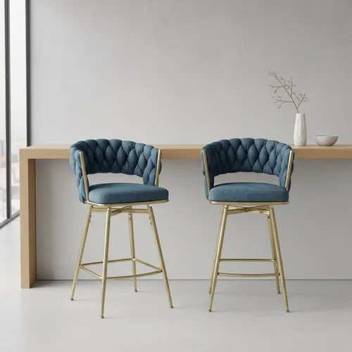 Vista 10 de Juego de 2 taburetes de bar giratorios de tela de gamuza con giro de 360°, base de metal y reposapiés, respaldo tejido tapizado para comedor, mesa