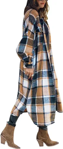 Vista 3 de Yousify Chaqueta larga con solapa a cuadros para mujer cepillada con botones y bolsillos