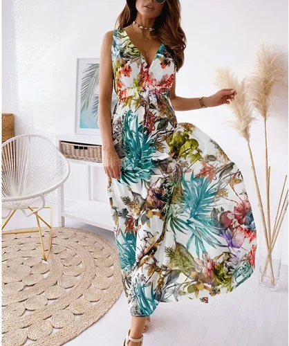 Vista 2 de Vestidos hawaianos para mujer, vestido de playa bohemio floral elegante de verano 2023, con cuello en V cruzado, vestido largo fruncido y fluido