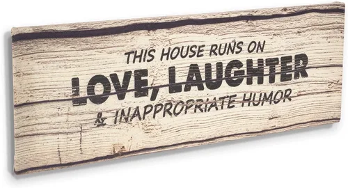 Vista 4 de Decoración de pared con citas en lienzo estirado, con texto en inglés «This House Runs On Love, Laughter & Inappropriate Humor», decoración de pared