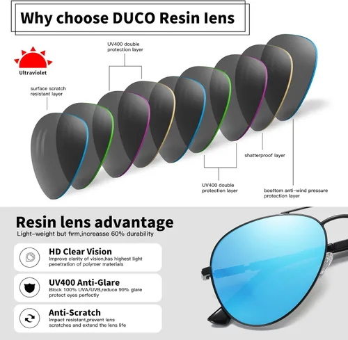 Vista 4 de DUCO Gafas de sol de aviador para hombres y mujeres, lentes de sol polarizadas vintage, lentes espejadas, marco de metal, sombras de diseñador 3025K