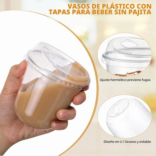 Vista 4 de Baderke 100 vasos de plástico con tapas para sorber, fondo redondo, vasos de café de plástico desechables con tapas, tazas de cristal transparentes