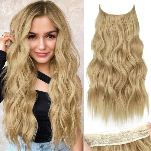 Vista 31 de KooKaStyle - Extensiones de cabello con hilo invisible, diadema transparente, ajustables, 4 clips fijadores, cabello largo y ondulado de 12