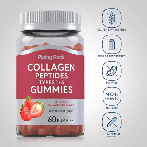 Vista 3 de Piping Rock Gomitas de colágeno 60 unidades Péptidos de colágeno tipo 1 y 3 Sabor a fresa Suplemento bovino Sin OMG, sin gluten