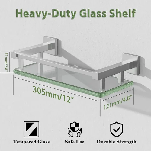 Vista 3 de Estantes de vidrio Alise para pared de baño, estante de baño de vidrio templado montado en la pared, estantes flotantes modernos que ahorran espacio