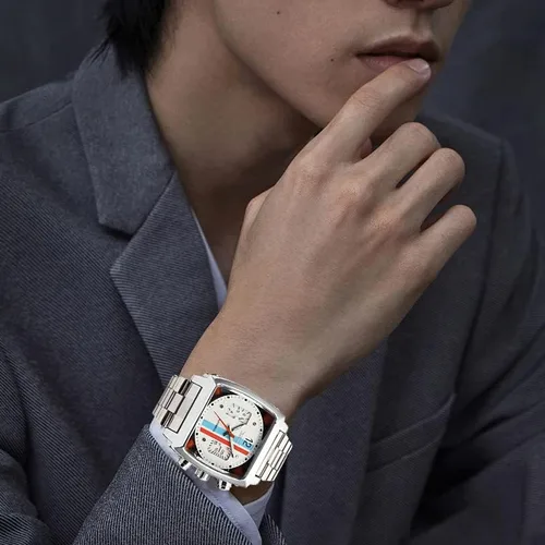 Vista 3 de FANMIS Reloj de pulsera analógico automático de acero inoxidable con fecha oblonga plateada para hombre, Mecánico
