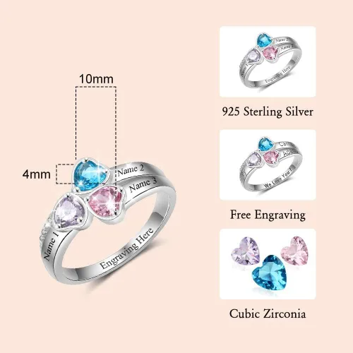 Vista 4 de Anillo personalizable de plata fina para mamá, con 3 piedras natales de imitación para la abuela, mamá o algún aniversario significativo