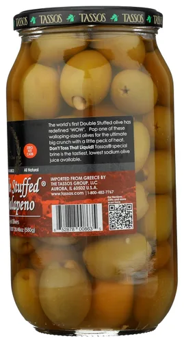 Vista 5 de Tassos Aceitunas griegas súper mamut de jalapeno-ajo con doble relleno, 35.27 onzas