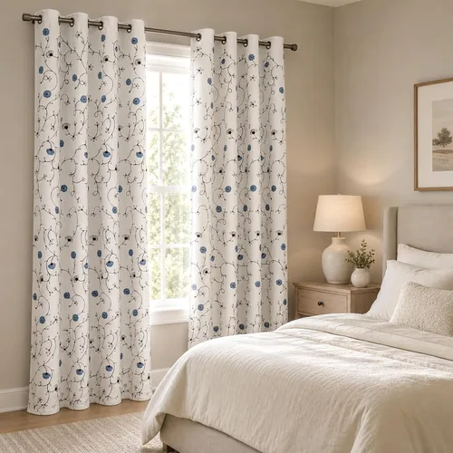 Vista 18 de VOGOL - Cortinas de 2 paneles con ramas bordadas de lino sintético con ojales, cortinas para dormitorio/sala de estar, paneles de tratamiento