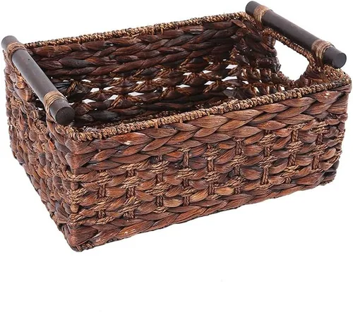 Vista 8 de Canasta de almacenamiento fabricada con jacinto de agua y asas de madera, para manualidades y artesanías. (RectánguloA-Mediano)