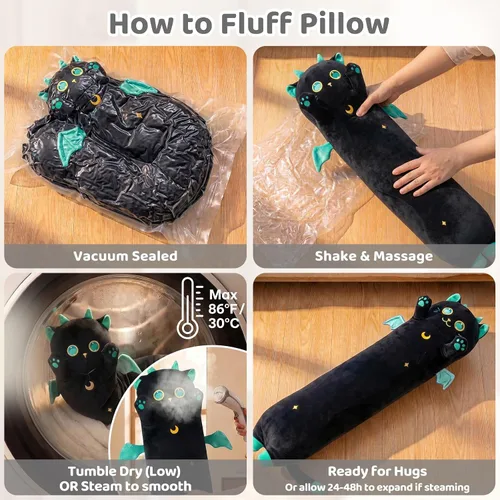 Vista 9 de Mewaii Peluche de gato largo, 5 tamaños, 120% relleno extra, almohada gigante para el cuerpo de los niños, lindo peluche Kawaii de ojos grandes