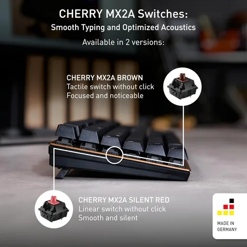 Vista 2 de Teclado mecánico de oficina Cherry KC 200 MX con nuevos interruptores MX2A. Diseño moderno con marco de placa metálica.