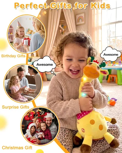 Vista 7 de Pbooo Juguete de jirafa que habla bailando, animal de peluche repite lo que dices, peluche musical electrónico con luz brillante, juguetes